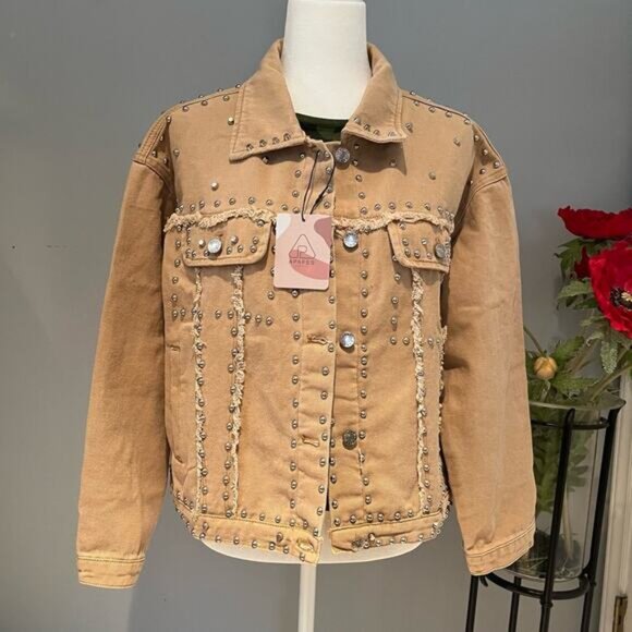 NEW APA Denim Studded Boyfriend Frayed Trucker Oversized Utility Jacket Khaki … - Picture 4 of 11